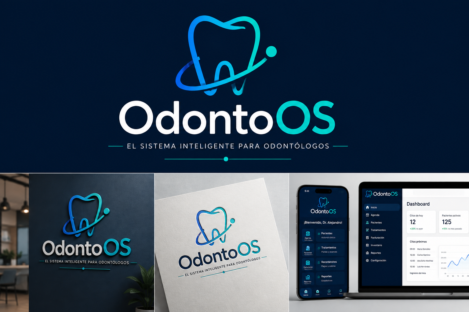 Identidad y vistas de OdontoOS en computadora y telefono